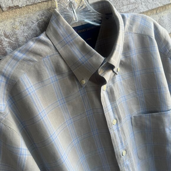 Henry Jacobson Long Sleeve Button Up Collared 100% Linen Plaid Shirt Size L - Picture 6 of 9